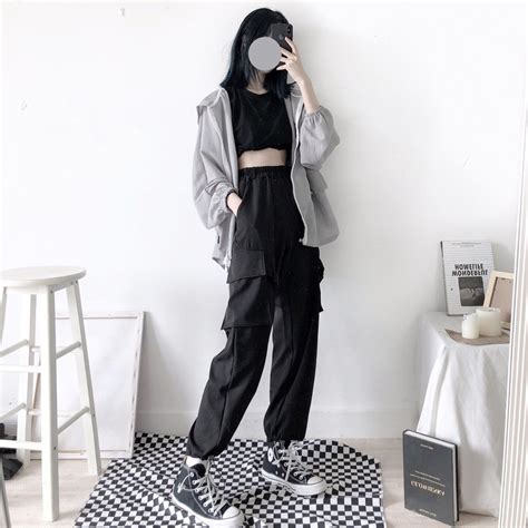Unisex Fashion Black Pocket Wide Leg Pants By63059 Korean Girl