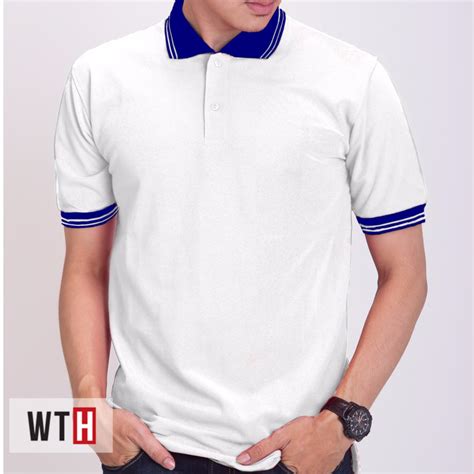 Jual Kaos Polo Shirt Putih Kerah Biru Tua What The Heaven Shopee Indonesia