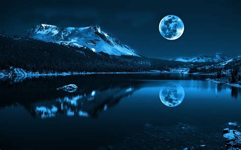Landscape Photo Of River And Forest During Full Moon Moon Lake Sky