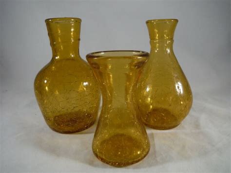 Vintage Miniature Amber Crackle Glass Vases Set Of 3 Ebay