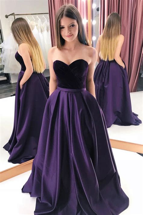 Buy A Line Purple Satin Sweetheart Long Prom Dresses With Pockets