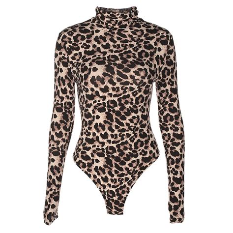 Women S Sexy Leopard High Neck Bodysuit Long Sleeve Tight Base Bodycon Turtleneck Bodysuits