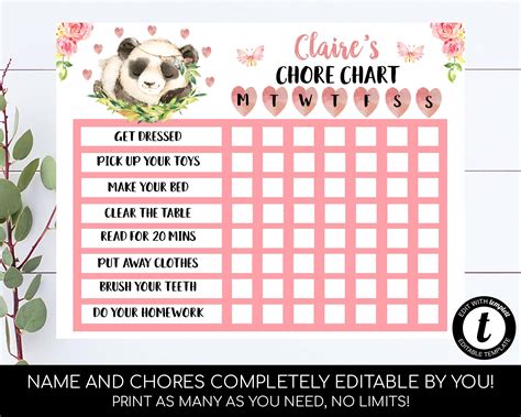 Panda Chore Chart Editable Kids Chore Chart Reward Chart For | Etsy in 2021 | Chore chart 