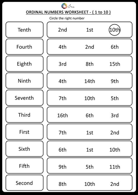 Ordinal Numbers 1-10 Worksheets
