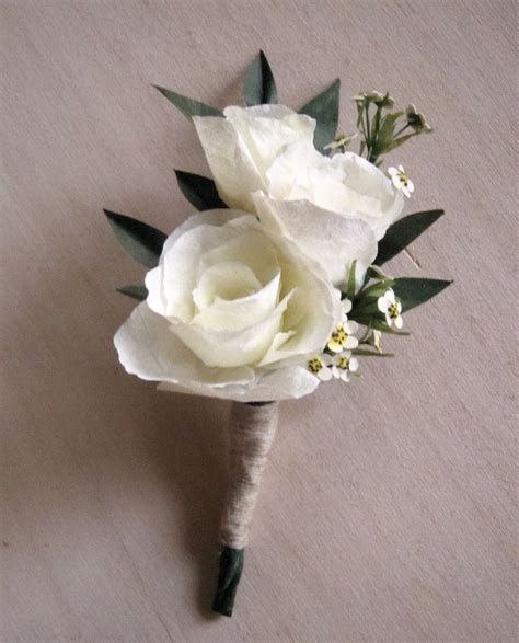 White Rose Mens Boutonniere Paper Flowers Handmade With Italian
