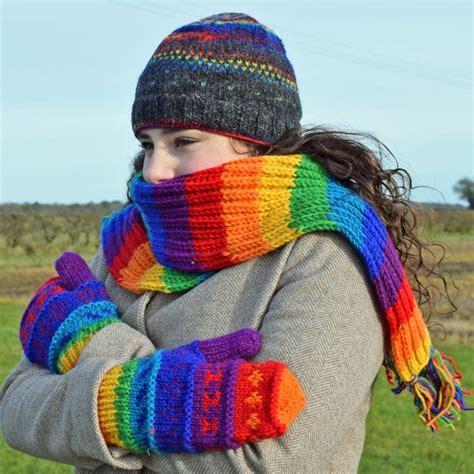 Rainbow Fully Fleece Lined Pure New Wool Mittens Warm And Toasty