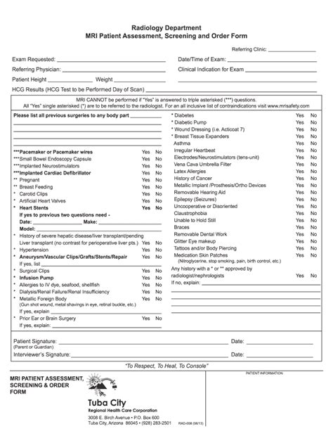 Mri Screening Form Fill Out And Sign Online Dochub