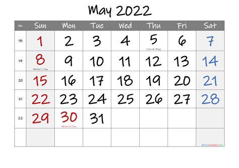 May 2022 Free Printable Calendar With Holidays Template Noif22m17
