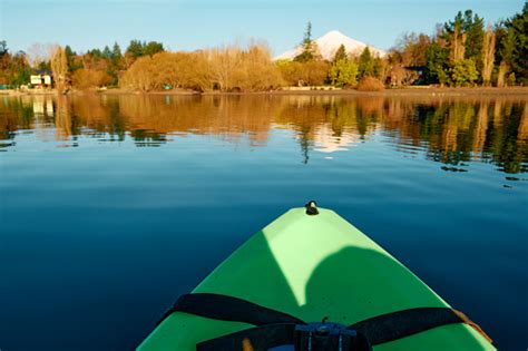 Photography From The Green Kayak In The Middle Of A Quiet Lake Stock