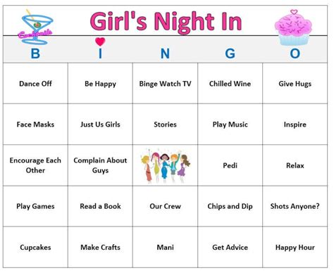 Girls Night In Party Bingo Game 60 Cards Celebrate Girl Time Print And