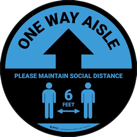 One Way Aisle Please Maintain Social Distance With Icon Blue Circular