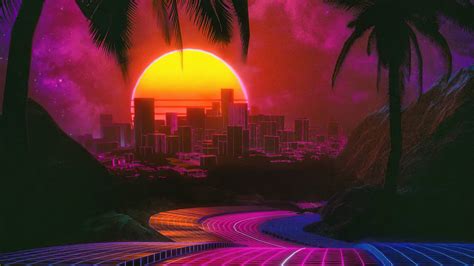 Download 1600x900 Wallpaper Outrun Road To City Night Digital Art