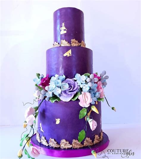 We Just Love The Bold Purple Wedding Cake With Gold Leaf Accents With