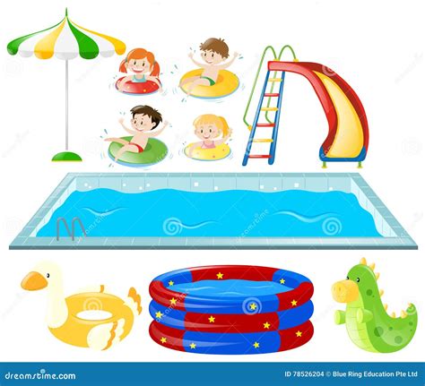 Set With Swimming Pool And Kids Swimming Vector Illustration