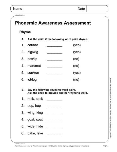 Phonemic Awareness Assessment Page 1 From Scholastic Teacher