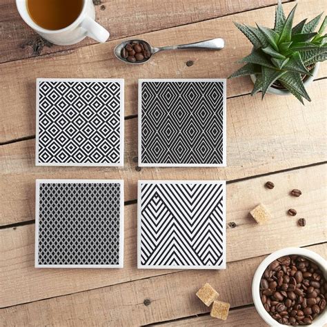 Set Of 4 Ceramic Coasters Tile Coasters Monochrome Coasters Etsy