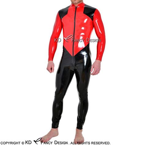 red and black cross shoulder sexy latex catsuit with front crotch zipper rubber bodysuit overall