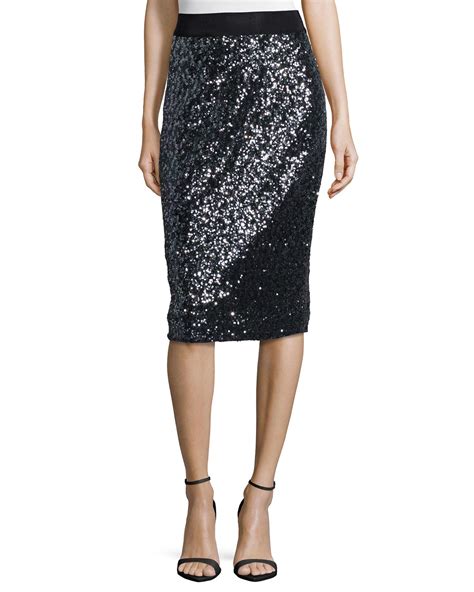 Milly Stretch Sequined Midi Skirt In Black Lyst