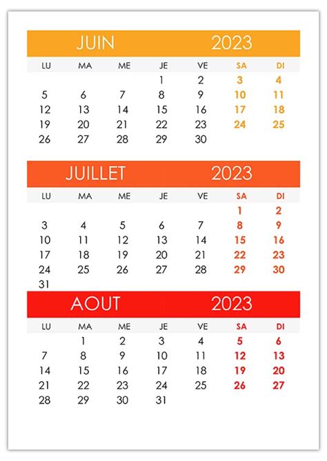 Calendrier Juin Juillet Août 2023 Calendriersu