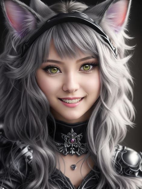 Premium Ai Image Reality Cat Girl Wearing Cat Ears With Grey