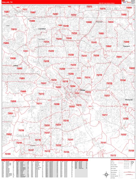 Dallas Texas Zip Code Wall Map Red Line Style By Marketmaps Mapsales