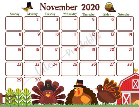 November 2020 Turkey Calendar Printable Thanksgiving Theme Etsy