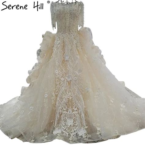 Half Sleeve Luxury High End Bridal Dresses 2018 Crystal Pearls Tulle