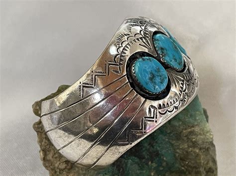 P Benally Navajo Signed Sterling Silver Turquoise Shadowbox Cuff Bracelet 56 Gm Ebay