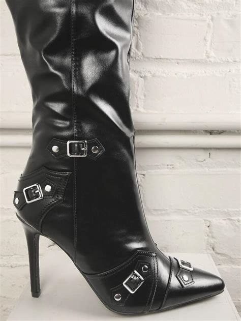 Faux Leather Over Knee Zipper Detail Pointy Toe Boots Shein Usa
