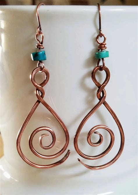Teardrop Copper Earrings With A Touch Of Turquoise Etsy Copper