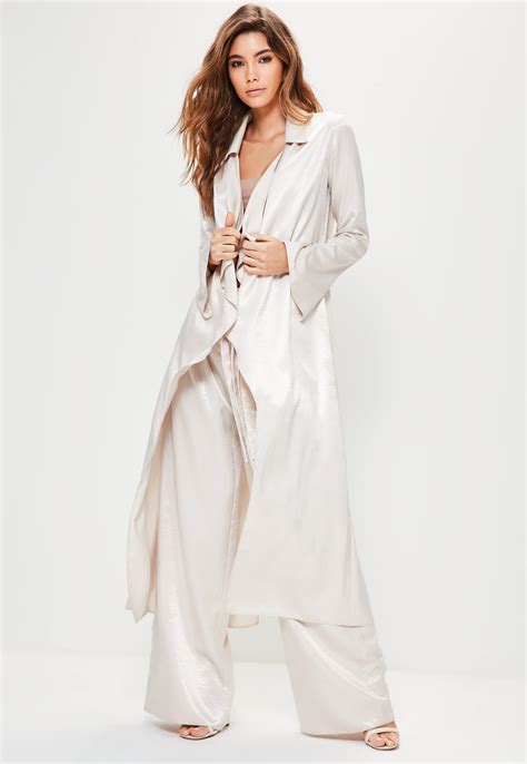 Missguided Premium Cream Hammered Satin Waterfall Duster Jacket In Natural Lyst