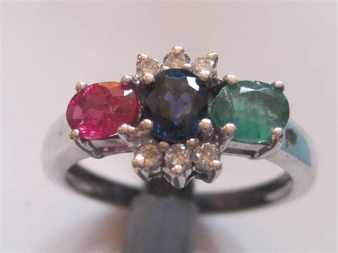 Ruby Emerald And Sapphire Vintage Look Ring 18 Kg Pl Sz10