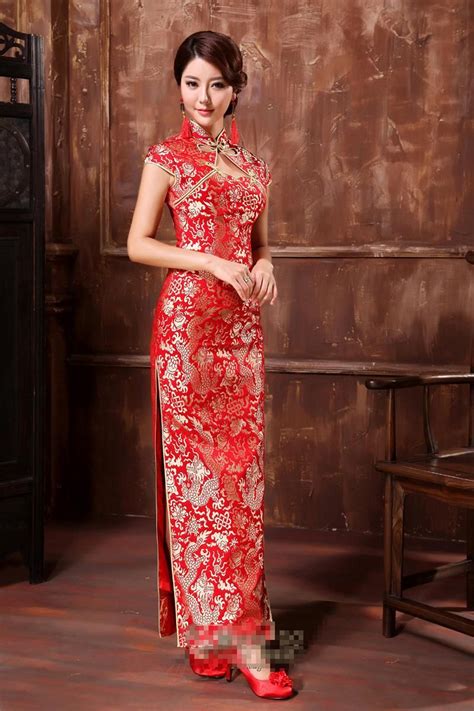 Dragonweddingdresses Red Wedding Dress Dragon Pattern Printing Chinese Restro Cheongsam