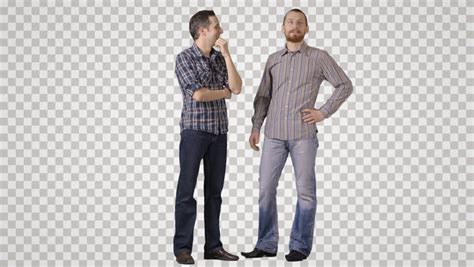 Two Young Men Stand Face To Face Talk Laugh Front View Footage With