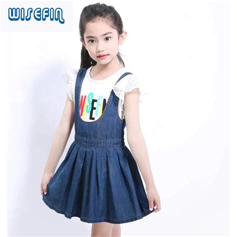 Wisefin Kids Clothes Suits Cotton Flower T Shirts And Denim Dresses 2pcs