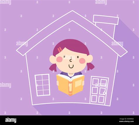 Illustration Of A Kid Girl Reading A Book At Home Home Schooling Stock