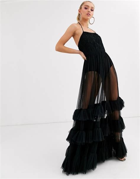 Lace And Beads Embellished Bodice Tiered Tulle Maxi Dress In Black Asos