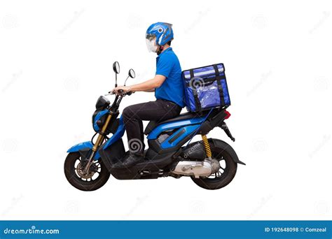 Delivery Man Wearing Blue Uniform Riding Motorcycle And Delivery Box