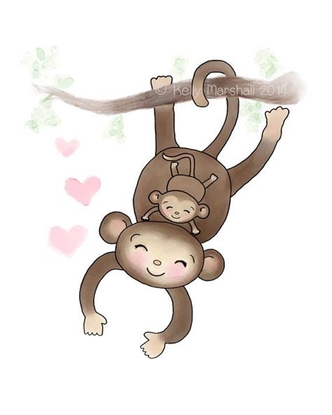 Monkey Nursery Art Monkey Baby Baby And Mommy Mother And Etsy Arte