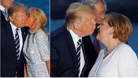 trump puckers up to kiss angela merkel during awkward g7 summit greeting
