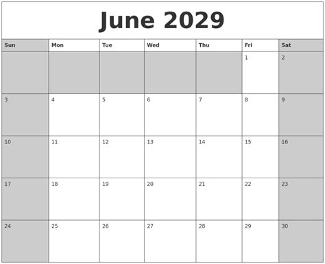 June 2029 Calanders