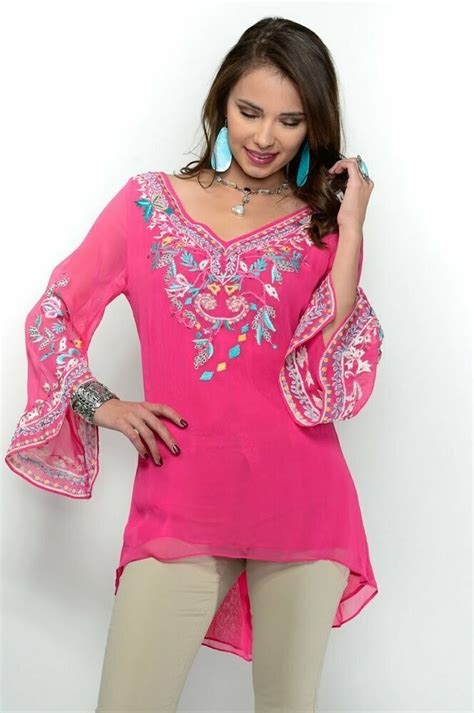 Vintage Collection Pink Embroidered Beaded V Neck Womens Tunic Top