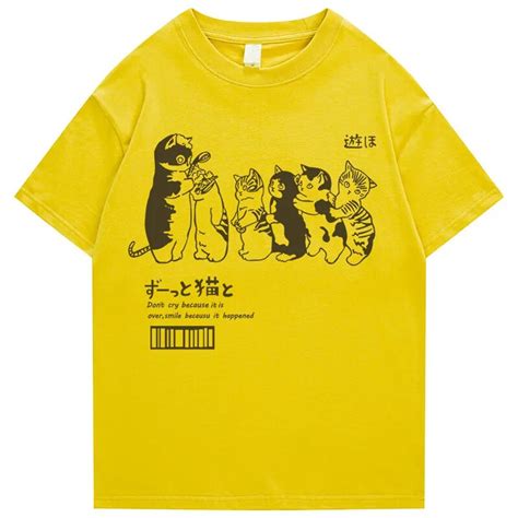 New Y2k Harajuku Anime Cats Printed Oversize T Shirt Vintage Unisex Couple O Neck Short Sleeves