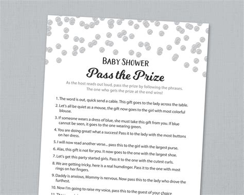 During this time there are many baby shower games that can be played. Pass the Prize Game Baby Shower Game Printable Silver | Etsy