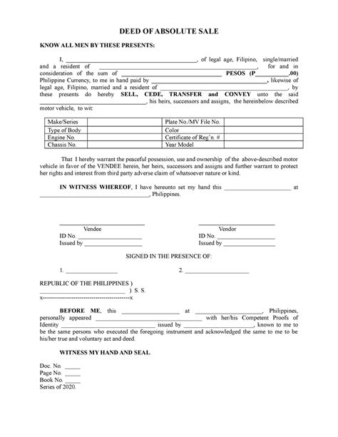 Sample Of Deed Of Absolute Sale Of Motor Vehicle Printable Form