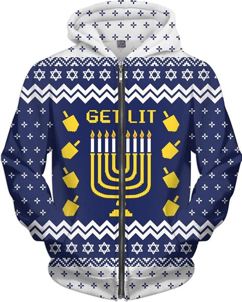 Get Lit Hanukkah Zip Up Hoodies Casual Merry Christmas Sweatshirt