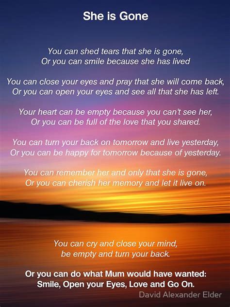She Is Gone Funeral Poem For Mum Canvas Print By David Alexander