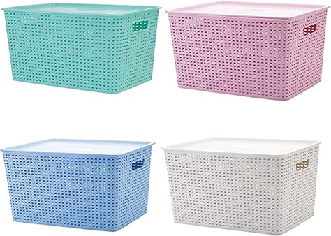 4 pack plastic storage baskets with lids woven storage basket for toys kitchen bedroom