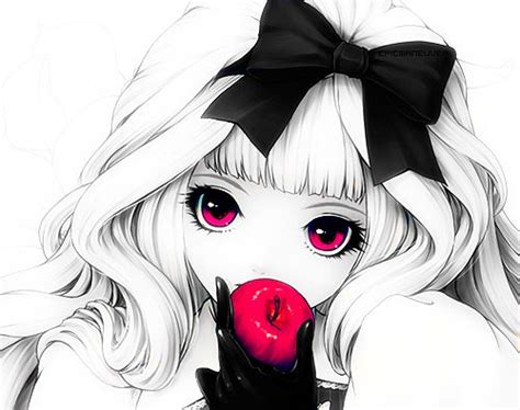 Black White Red Anime Girl Bow And Apple Beautiful
