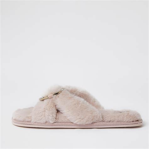 Pink Faux Fur Ring Crossover Slippers River Island
